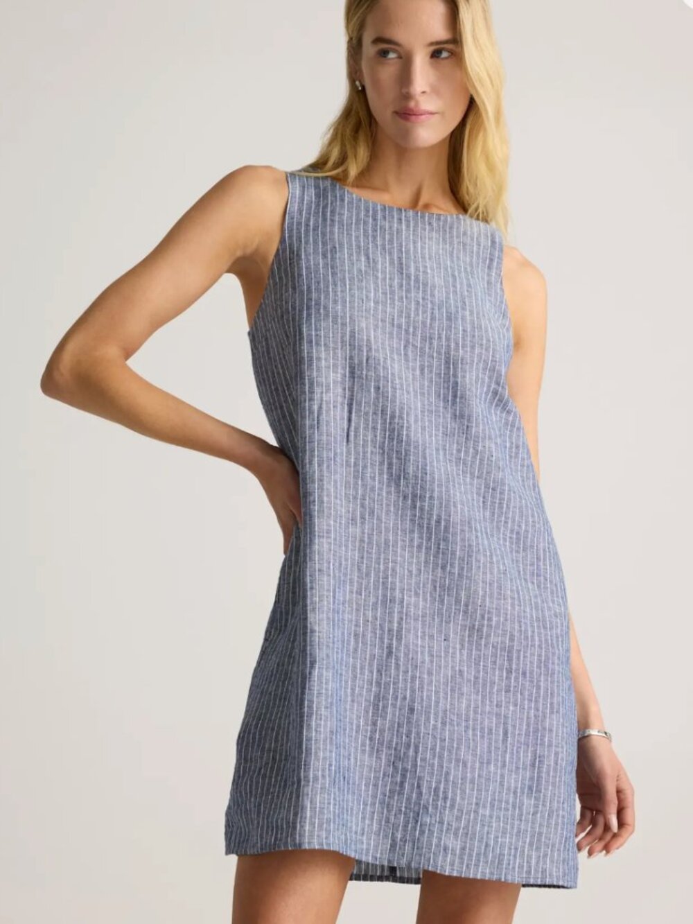 Quince 100% European Linen Tank Mini Dress Chambray Stripe Size Large